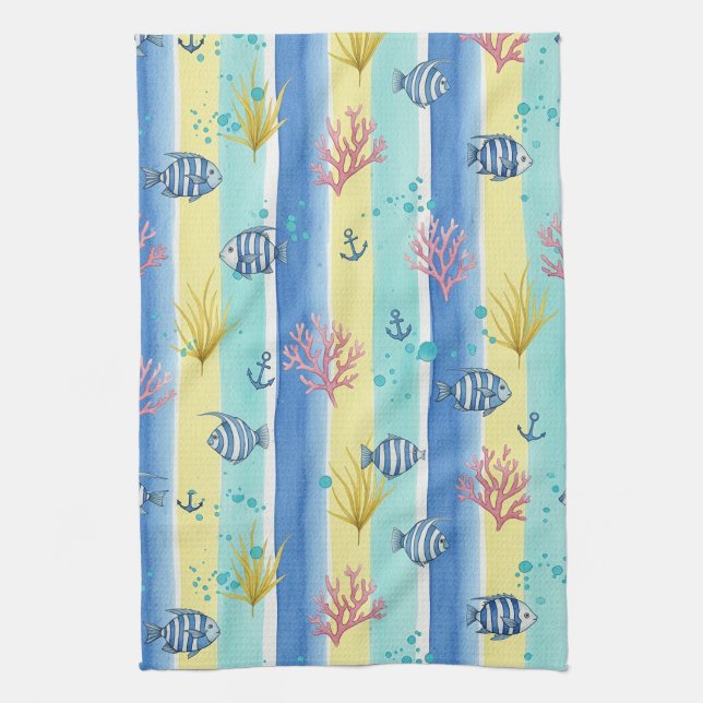 Colorful Coastal Sea Life Pattern (10) Kitchen Towel (Vertical)