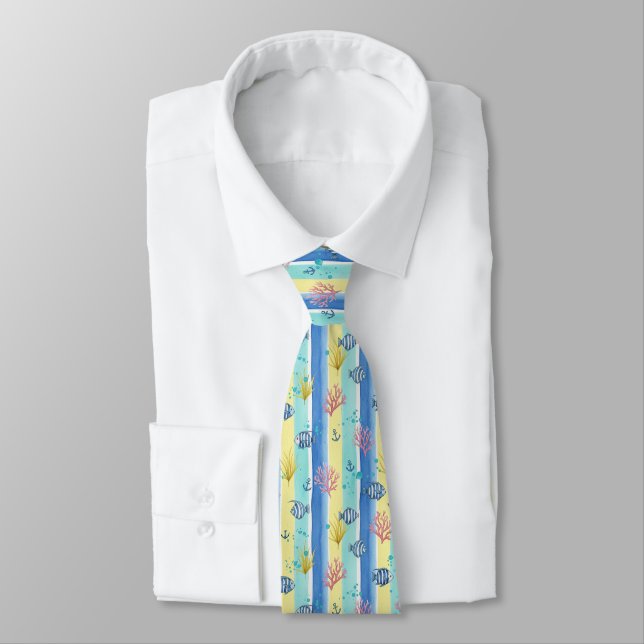 Colorful Coastal Sea Life Pattern (10) Neck Tie (Tied)