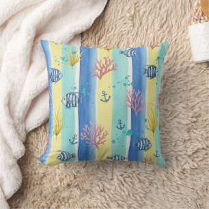 Colorful Coastal Sea Life Pattern (10) Throw Pillow