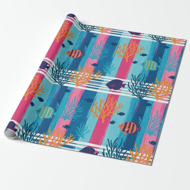 Colorful Coastal Sea Life Pattern (11) Wrapping Paper (Unrolled)