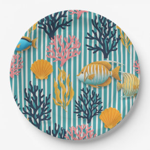 Colorful Coastal Sea Life Pattern (12) Paper Plates