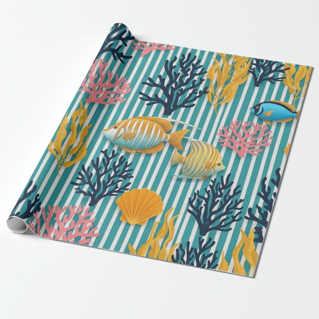 Colorful Coastal Sea Life Pattern (12) Wrapping Paper (Unrolled)