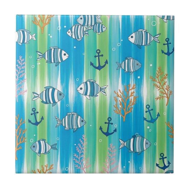 Colorful Coastal Sea Life Pattern (13) Ceramic Tile (Front)