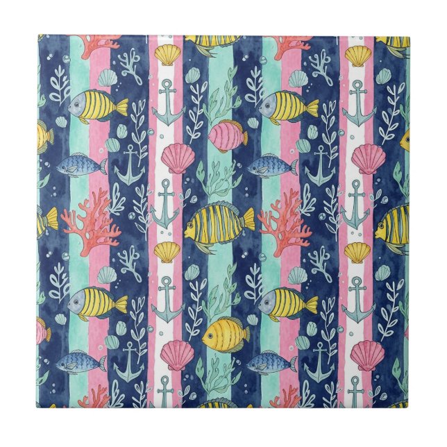 Colorful Coastal Sea Life Pattern (2) Ceramic Tile (Front)