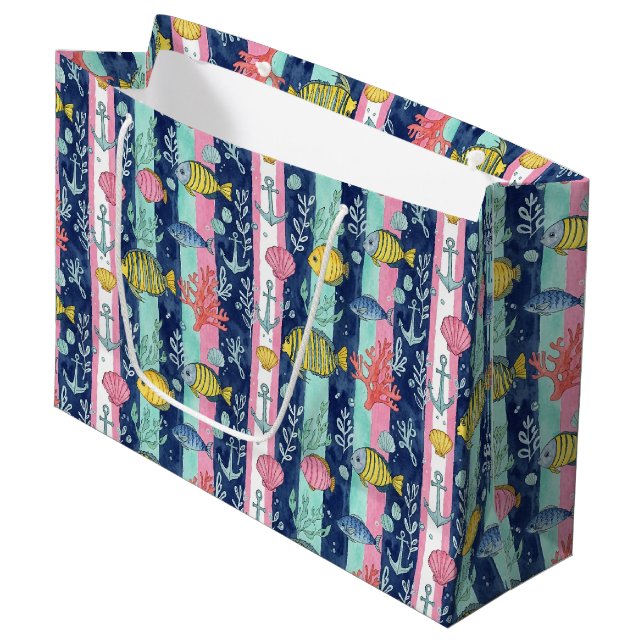 Colorful Coastal Sea Life Pattern (2) Large Gift Bag (Front Angled)