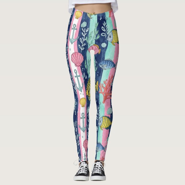 Colorful Coastal Sea Life Pattern (2) Leggings (Front)
