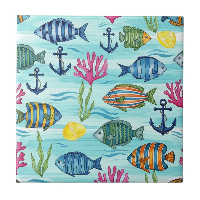 Colorful Coastal Sea Life Pattern (3) Ceramic Tile (Front)