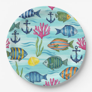Colorful Coastal Sea Life Pattern (3) Paper Plates