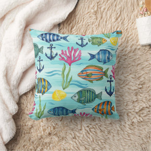 Colorful Coastal Sea Life Pattern (3) Throw Pillow