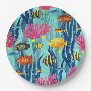 Colorful Coastal Sea Life Pattern (4) Paper Plates