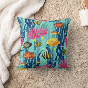Colorful Coastal Sea Life Pattern (4) Throw Pillow