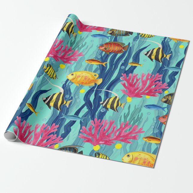 Colorful Coastal Sea Life Pattern (4) Wrapping Paper (Unrolled)