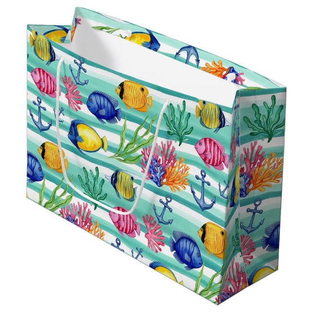 Colorful Coastal Sea Life Pattern (5) Large Gift Bag (Front Angled)