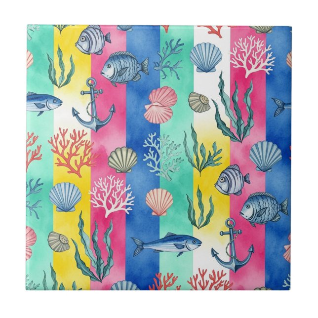Colorful Coastal Sea Life Pattern (6) Ceramic Tile (Front)