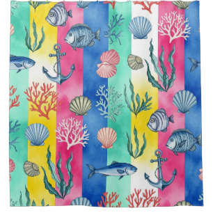 Colorful Coastal Sea Life Pattern (6) Shower Curtain