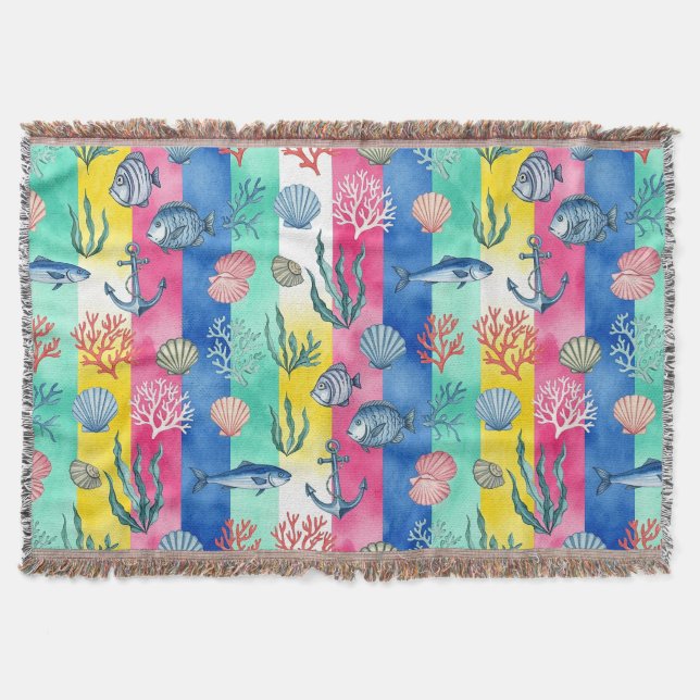 Colorful Coastal Sea Life Pattern (6) Throw Blanket (Front)