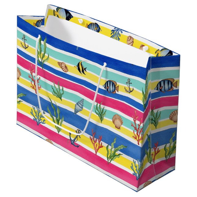 Colorful Coastal Sea Life Pattern (7) Large Gift Bag (Front Angled)