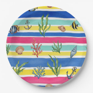 Colorful Coastal Sea Life Pattern (7) Paper Plates