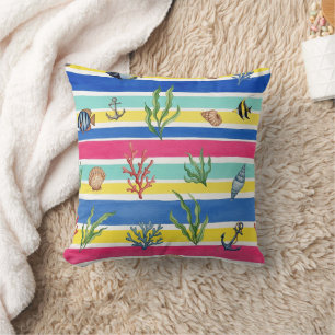 Colorful Coastal Sea Life Pattern (7) Throw Pillow