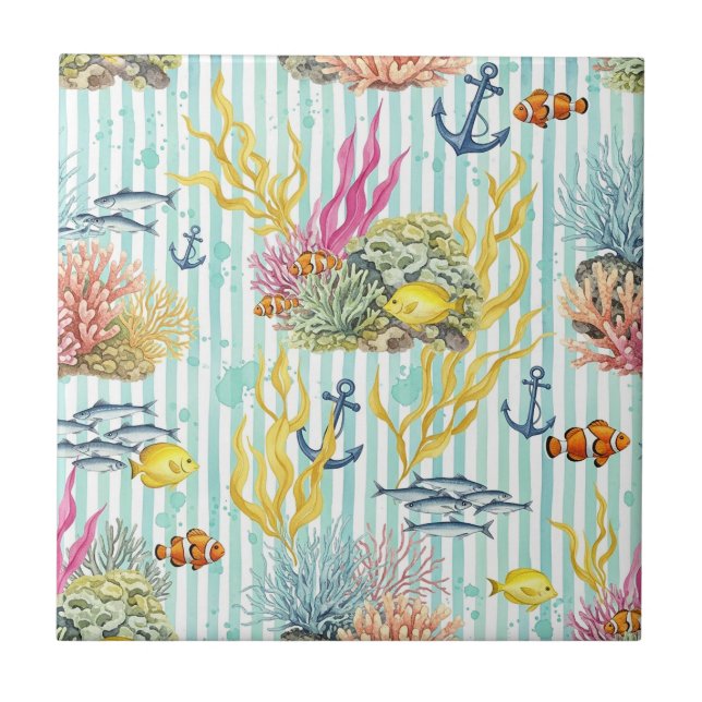Colorful Coastal Sea Life Pattern (8) Ceramic Tile (Front)