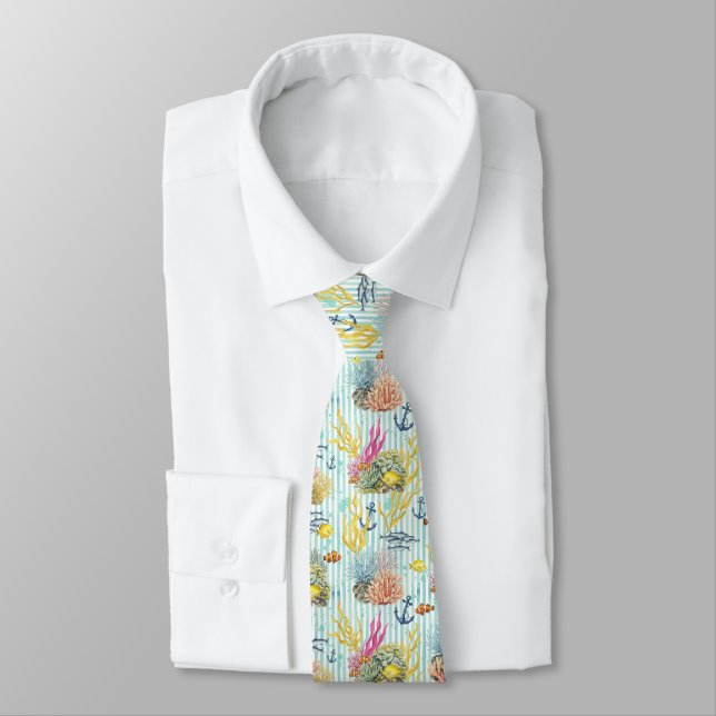 Colorful Coastal Sea Life Pattern (8) Neck Tie (Tied)