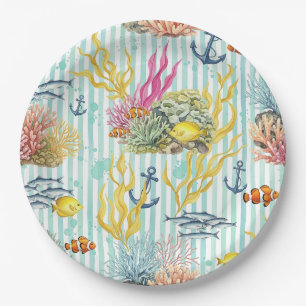 Colorful Coastal Sea Life Pattern (8) Paper Plates