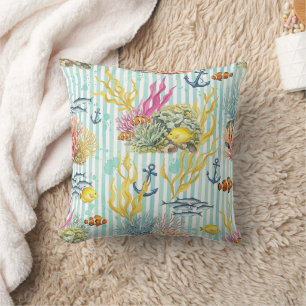 Colorful Coastal Sea Life Pattern (8) Throw Pillow