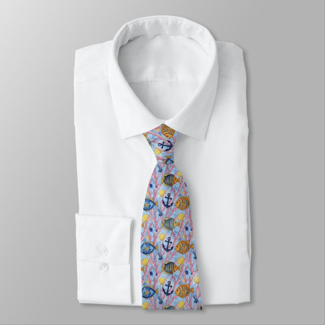 Colorful Coastal Sea Life Pattern (9) Neck Tie (Tied)