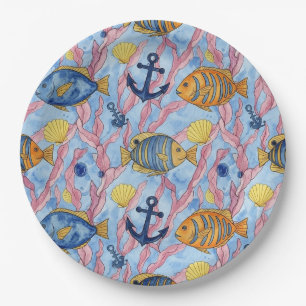 Colorful Coastal Sea Life Pattern (9) Paper Plates