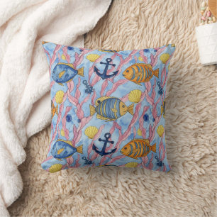 Colorful Coastal Sea Life Pattern (9) Throw Pillow