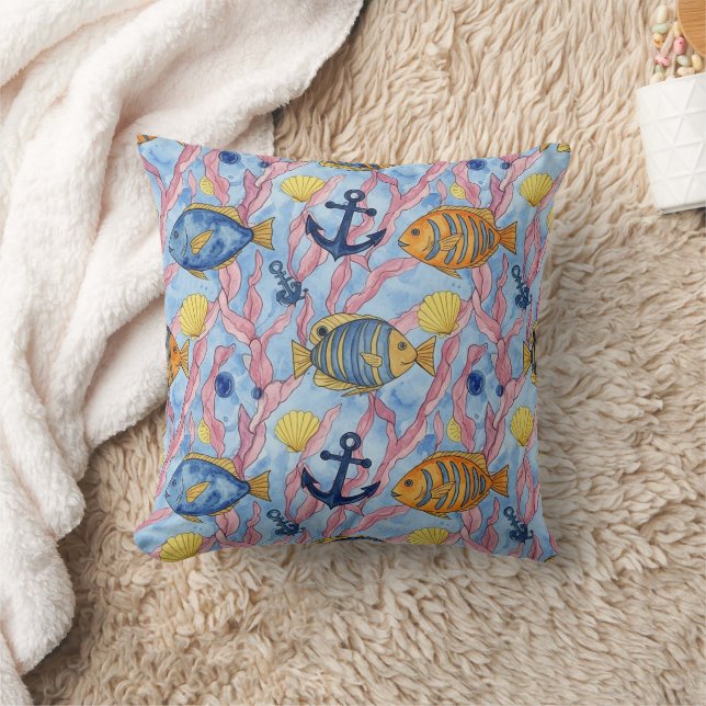 Colorful Coastal Sea Life Pattern (9) Throw Pillow (Blanket)