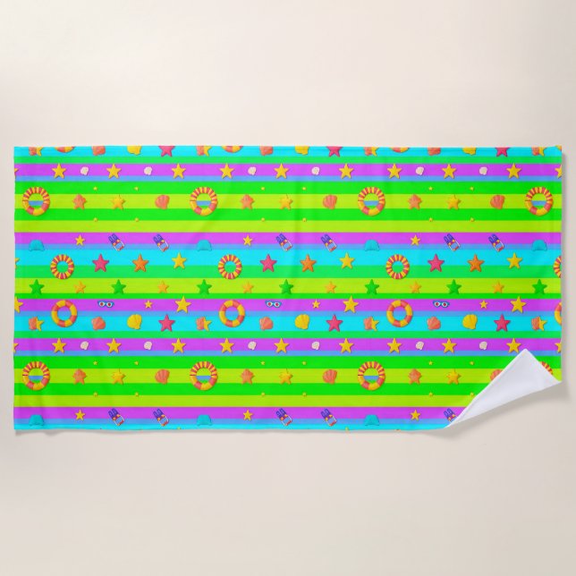 🏖️ Colorful Coastal Summer Escape Pattern 🌴 Beach Towel (Front)