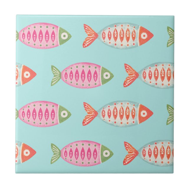 Colorful Coastal Summer Fish Pattern  Ceramic Tile (Front)