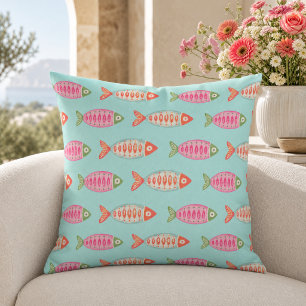 Colorful Coastal Summer Fish Pattern Throw Pillow