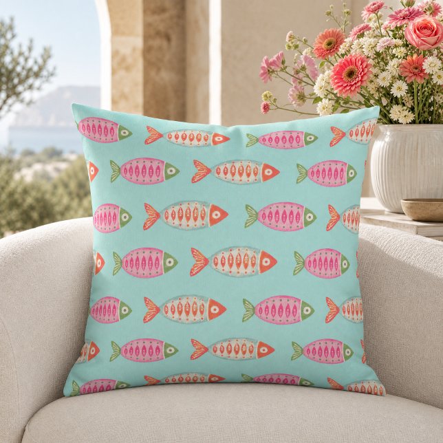 Colorful Coastal Summer Fish Pattern Throw Pillow (Creator Uploaded)