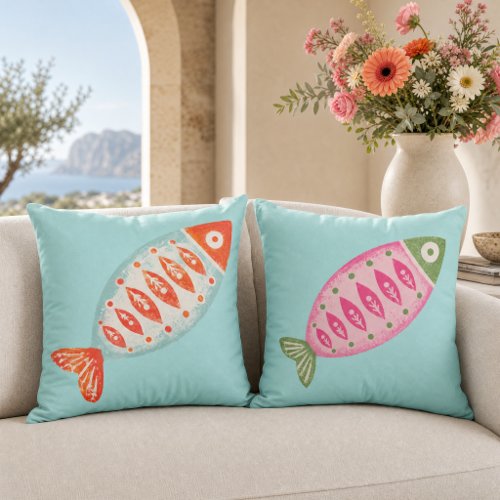 Colorful Coastal Summer Fish Pattern Throw Pillow