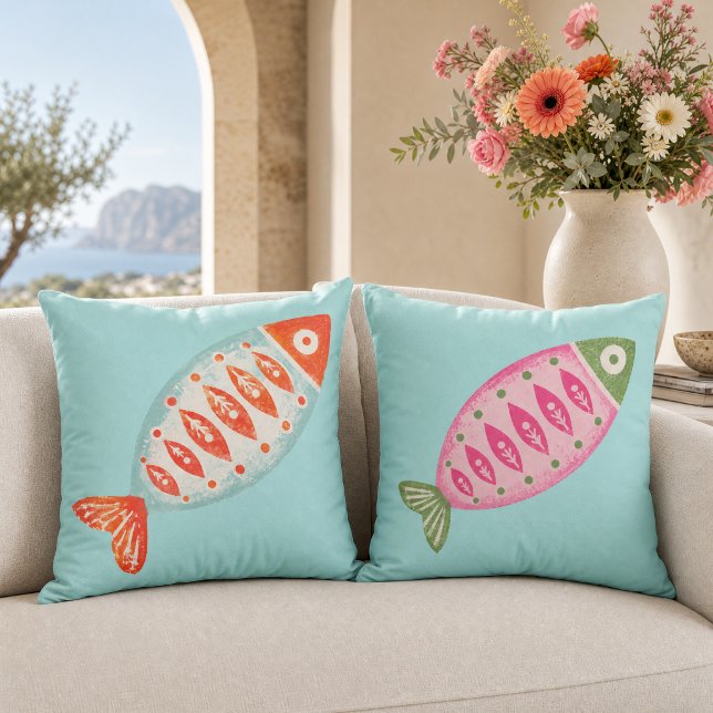 Colorful Coastal Summer Fish Pattern Throw Pillow (Creator Uploaded)