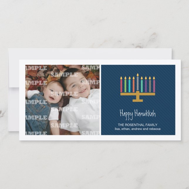 Colorful Cobalt Menorah Hanukkah Holiday Card (Front)