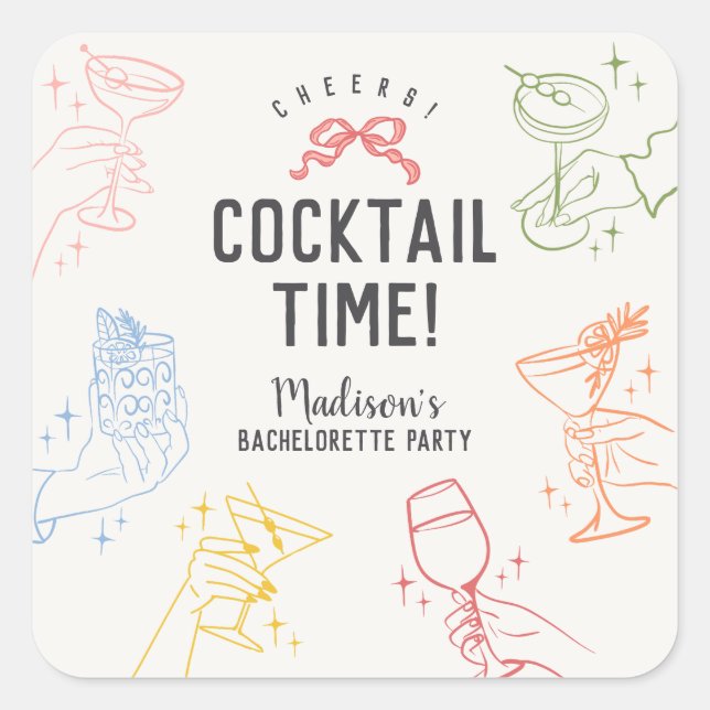 Colorful Cocktail Party Retro Bachelorette Envelop Square Sticker (Front)
