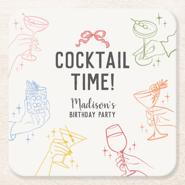 Colorful Cocktail Party Retro Birthday Party Square Paper Coaster (Front)