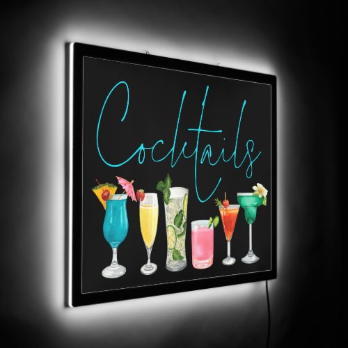 Colorful Cocktails Drinks Blue Script Black LED Sign