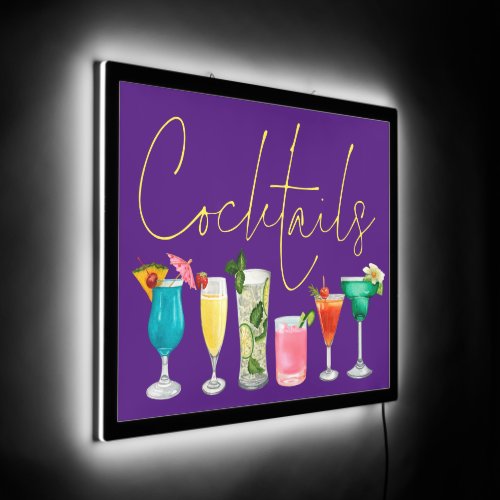 Colorful Cocktails Drinks Yellow Script Purple LED Sign