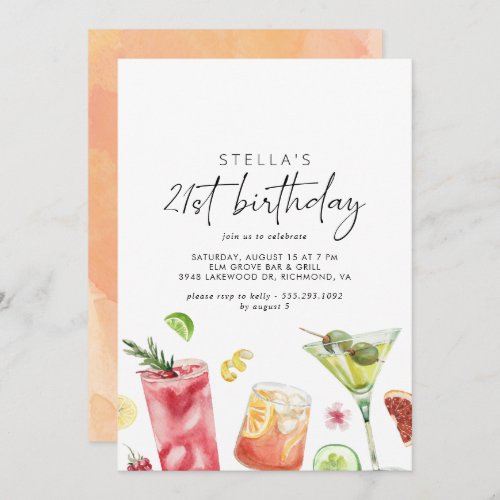 Colorful Cocktails  Fun Cute 21st Birthday Party Invitation