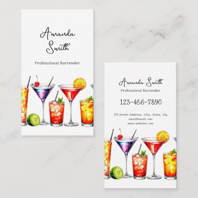 Colorful Cocktails Professional Bartender Business Card (Front/Back)