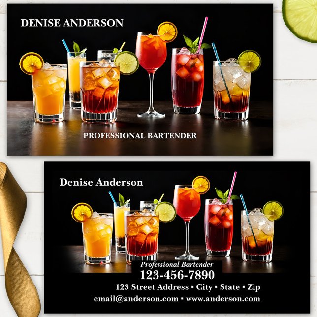 Colorful Cocktails Professional Bartender Business Card (Bartender business card featuring an illustration of different festive and colorful cocktail glasses)