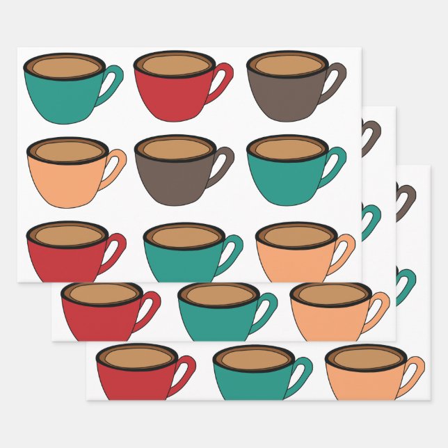 Colorful Coffee Cup Pattern Wrapping Paper Sheets (Set)