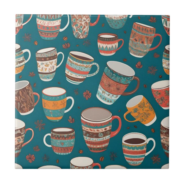 Colorful Coffee Cups Ceramic Tile (Front)