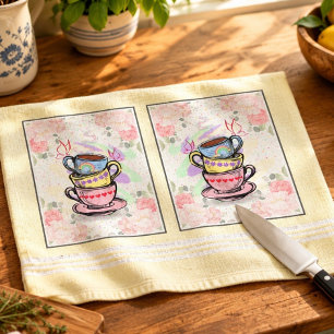 Colorful Coffee Cups - Stacked   Yellow  Kitchen Towel