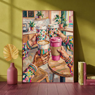 Colorful Coffee Shop Cheers Friends Hands Holding  Poster