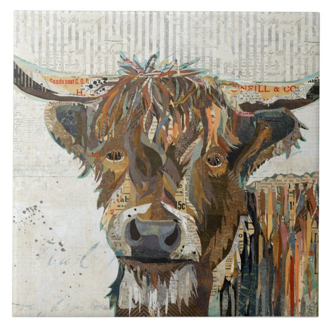 Colorful Collage Highland Cow Ceramic Tile (Front)